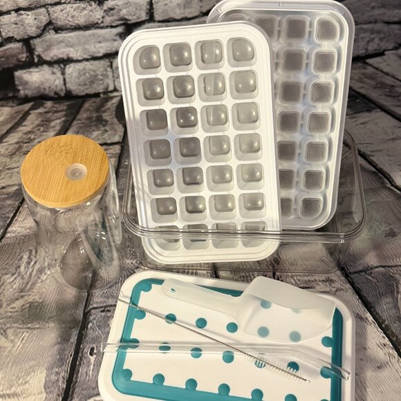 Auauy Plastic Ice Cube Trays with Bin/Glass w Lid/Straw & Cleaner/Scoop - Picture 1 of 10